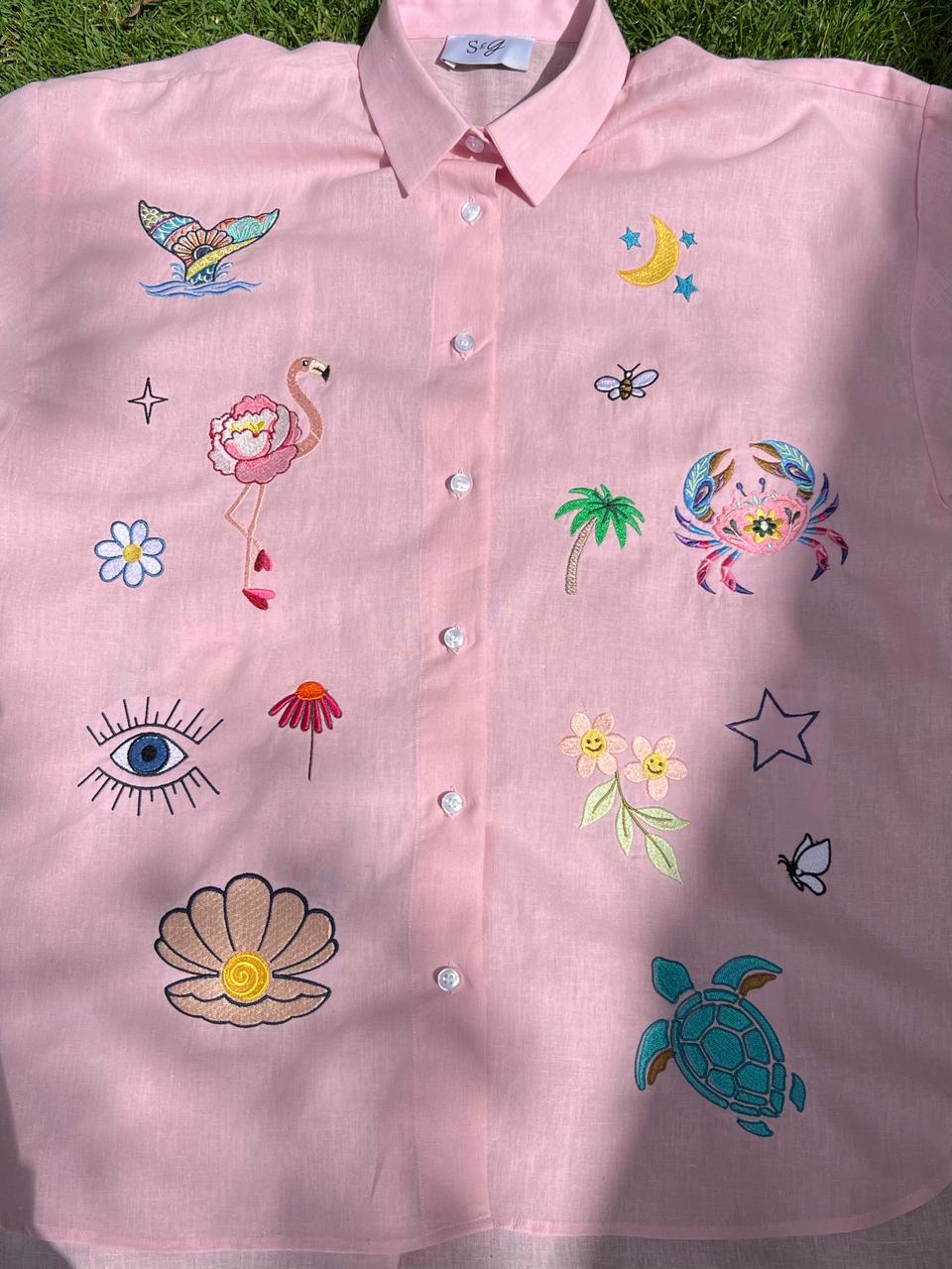 Flamingo Pink Linen Embroidery Shirt