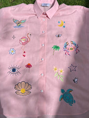 Flamingo Pink Linen Embroidery Shirt