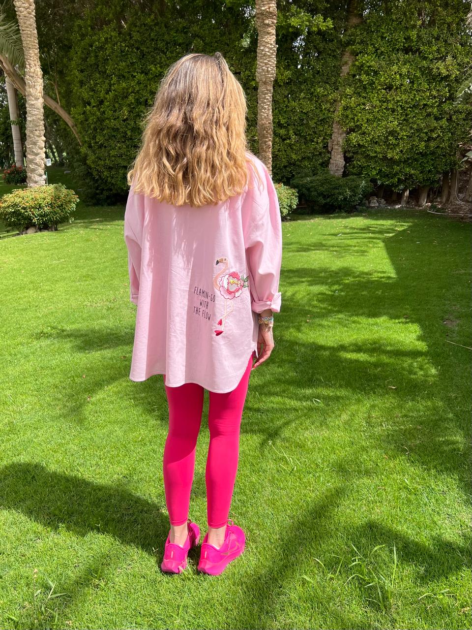 Flamingo Pink Linen Embroidery Shirt