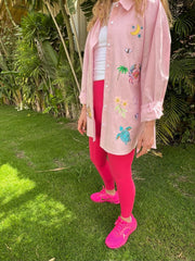 Flamingo Pink Linen Embroidery Shirt
